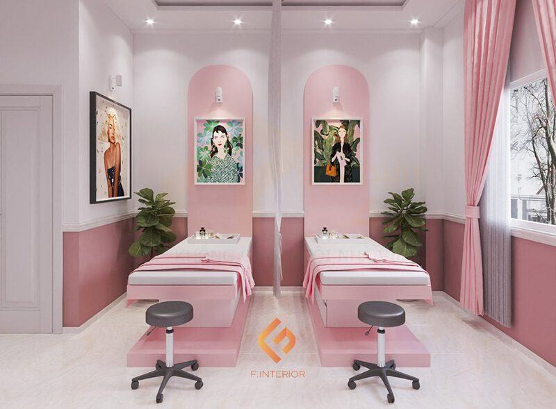 Nội thất spa màu hồng kết hợp trắng hiện đại và sang trọng