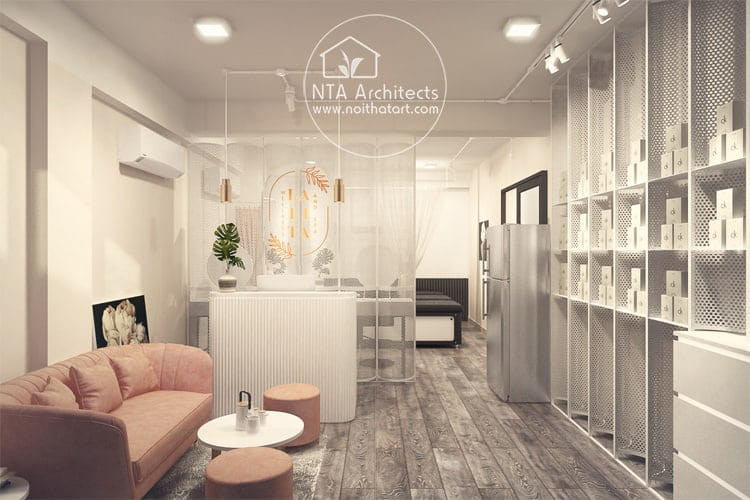 Quầy lễ tân của một spa với thiết kế tinh tế, biểu tượng cho sự thành công lâu dài khi đặt tên spa đúng phong thủy cho người mệnh Thổ.