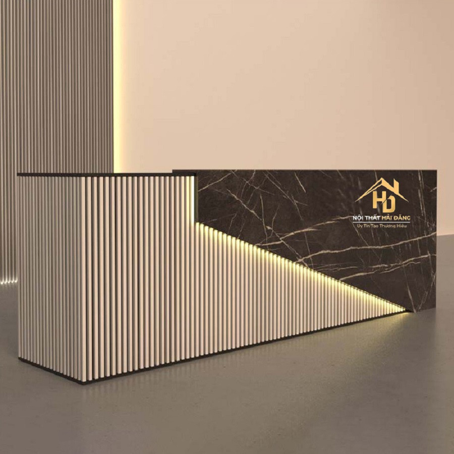 Quầy lễ tân spa đẹp kiểu chữ L, thiết kế rộng rãi, sang trọng cho khu vực đón khách.