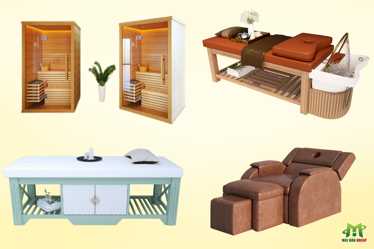 Các loại nội thất cơ bản và thiết yếu cho một mô hình spa dưỡng sinh, bao gồm giường massage và phòng xông hơi.