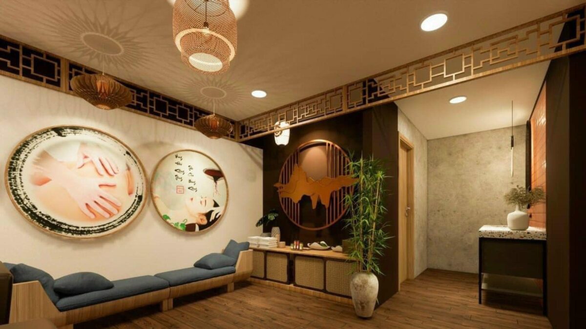 Mô hình spa dưỡng sinh cao cấp với nội thất sang trọng, tông màu ấm áp, mang đến trải nghiệm đẳng cấp.