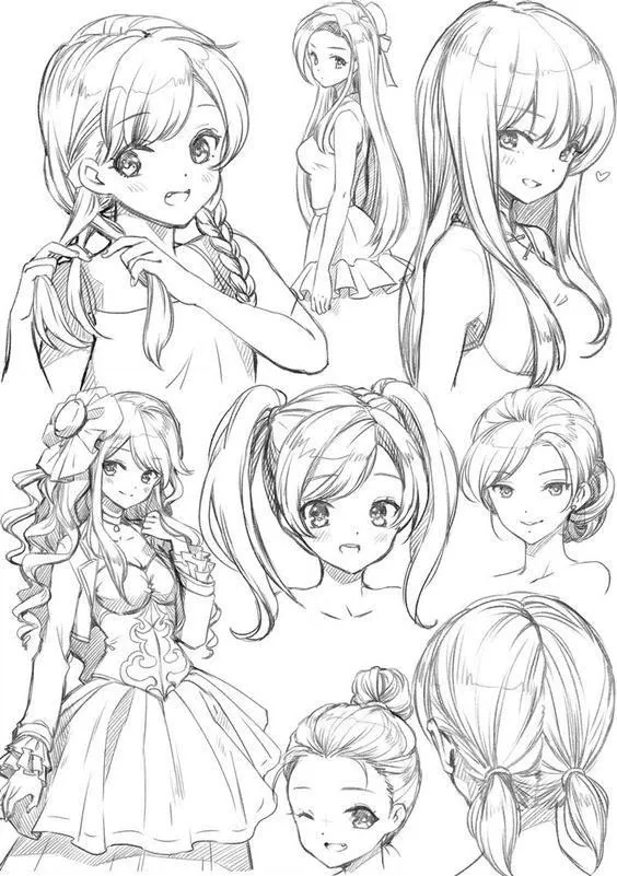 Hình ảnh tham khảo về phác thảo cơ bản các kiểu tóc anime khác nhau, làm nền tảng cho cách để vẽ tóc anime