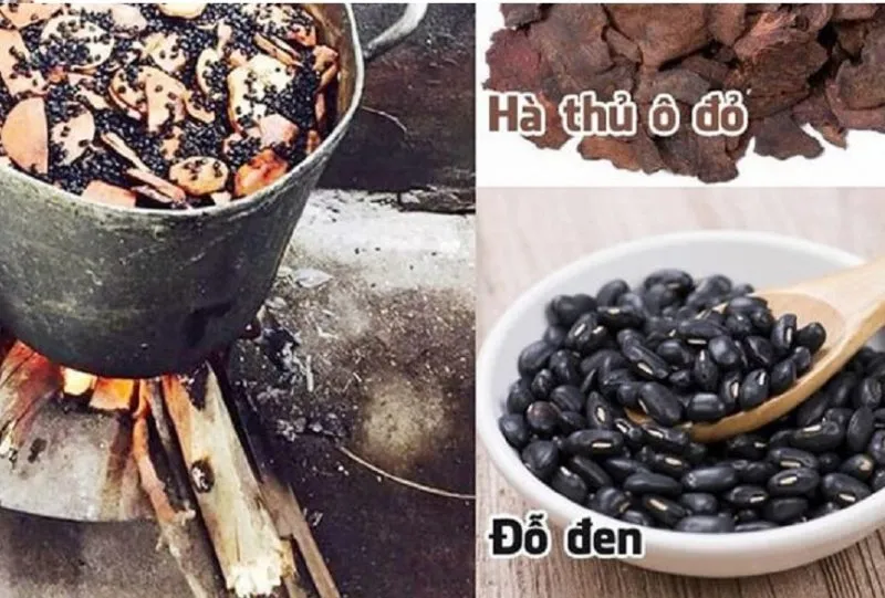 Hình ảnh minh họa Hà Thủ Ô kết hợp với Đậu Đen và Vừng Đen trong một bát nhỏ để chế biến bài thuốc làm đen tóc