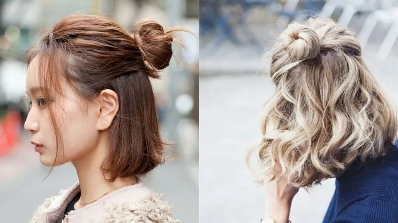 Cô gái trẻ với kiểu búi củ tỏi nửa đầu cao sử dụng kẹp càng cua, phong cách năng động và trẻ trung