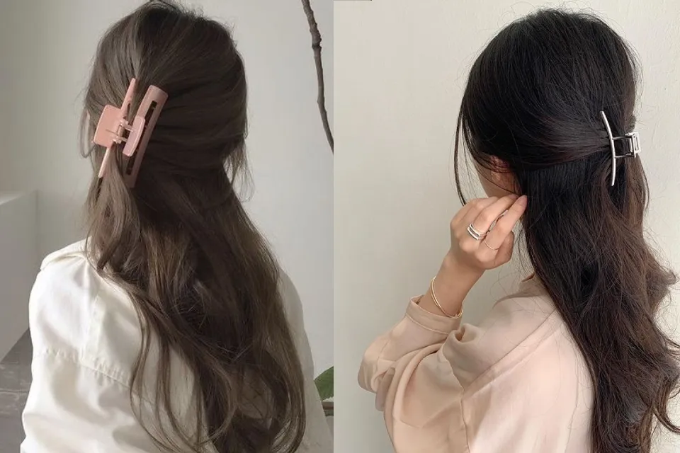 Minh họa kẹp càng cua cho mái tóc dài, tạo kiểu búi cao hoặc bới gọn gàng, thể hiện tính tiện dụng