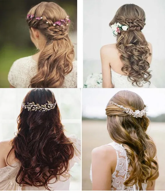Kiểu tóc tết cô dâu nửa đầu kết hợp với phụ kiện hoa cài xinh đẹp và lộng lẫy