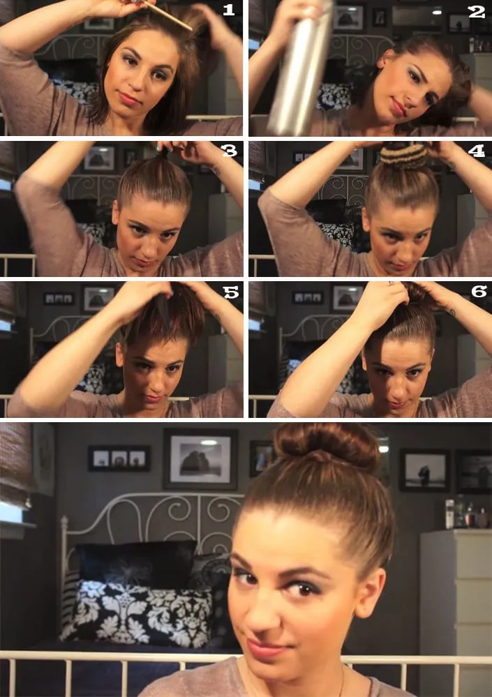 Cô gái tóc ngắn đang thực hiện động tác búi tóc củ tỏi đơn giản với sự hỗ trợ của chun độn tóc