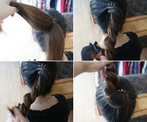 Chải tóc mượt mà trước khi búi tóc tròn xoắn thừng