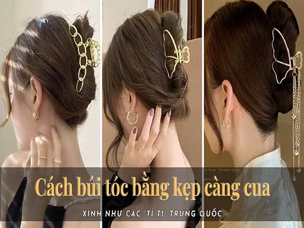 Cô gái có mái tóc được búi thấp gọn gàng, sử dụng kẹp càng cua màu trắng sữa thanh lịch
