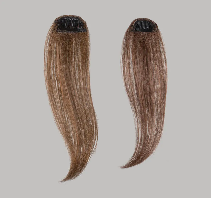 Kiểu tóc mái giả dài (mái rèm) đã được cố định và tạo kiểu, ôm sát khuôn mặt một cách tinh tế