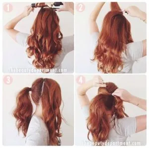 Cô gái với kiểu tóc đuôi ngựa uốn xoăn buộc cao, mái tóc bồng bềnh và thanh lịch phù hợp dự tiệc