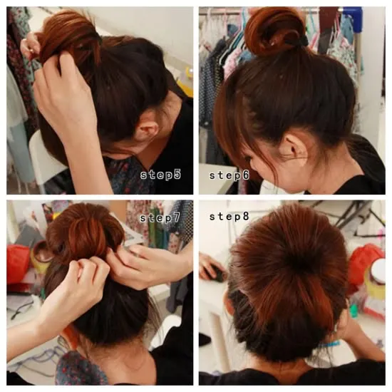 Luồn nhẹ tay xung quanh và tản đều phần tóc tạo búi để có được kiểu tóc củ tỏi dễ thương