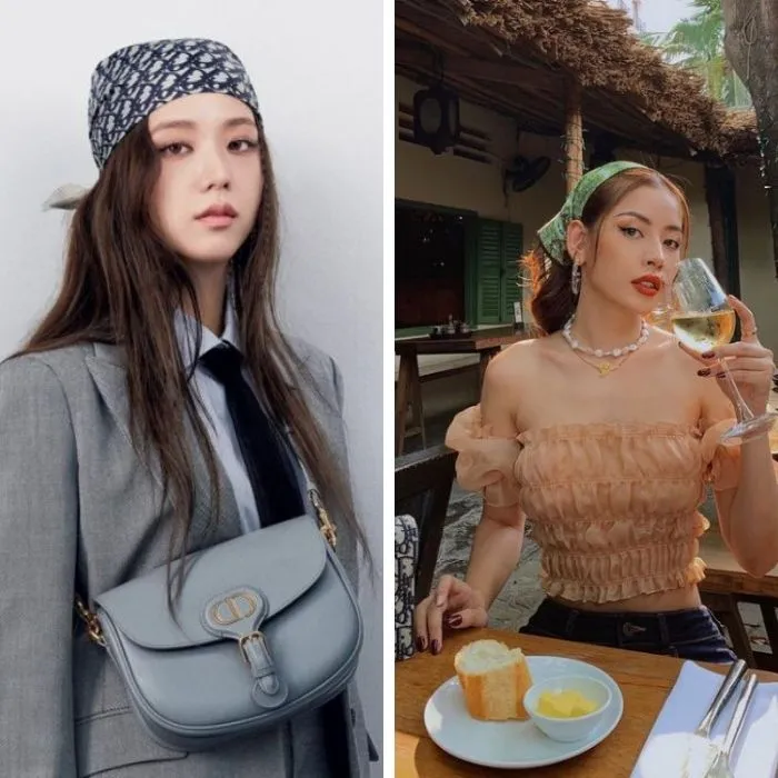 Kiểu quấn khăn lụa vuông trùm đầu, giúp cố định toàn bộ tóc mái và tạo phong cách cá tính