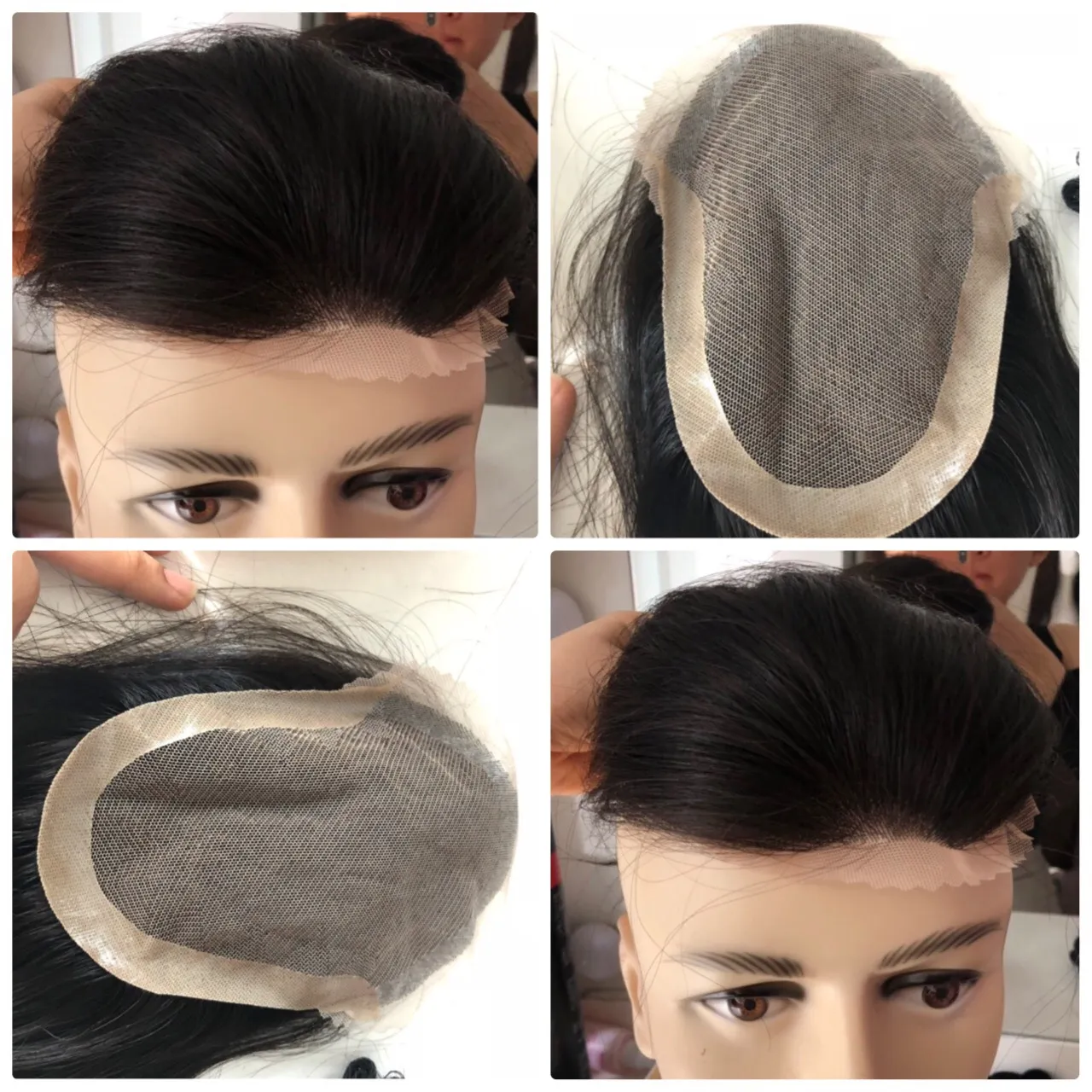 Tiến hành đội tóc giả nam lên đầu sau khi cố định tóc