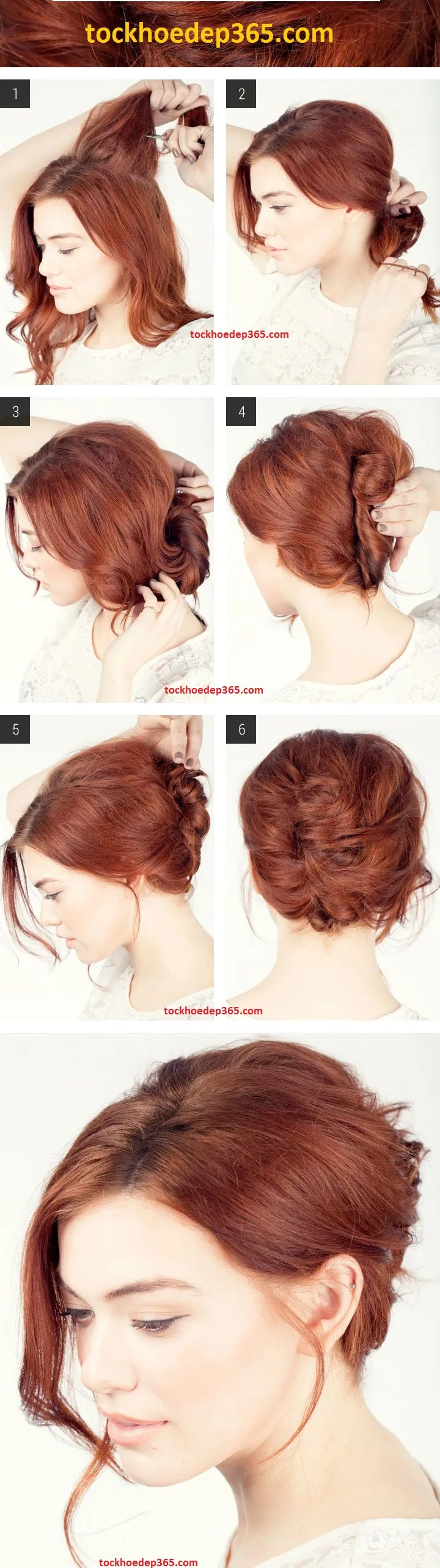 Sơ đồ búi tóc xoắn thấp, kiểu búi tóc sang trọng, thanh lịch
