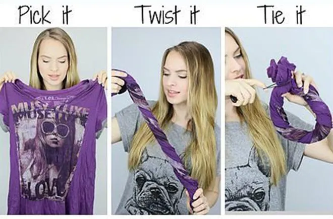 Phụ nữ đang cố định tóc quấn quanh áo thun cũ trên đầu bằng kẹp ghim để làm tóc xoăn đuôi tại nhà