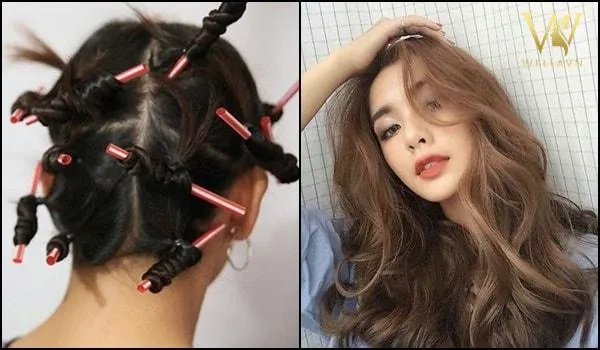 Một người mẫu đang sử dụng lô cuốn tóc để tạo kiểu cụp đuôi tại nhà mà không dùng nhiệt