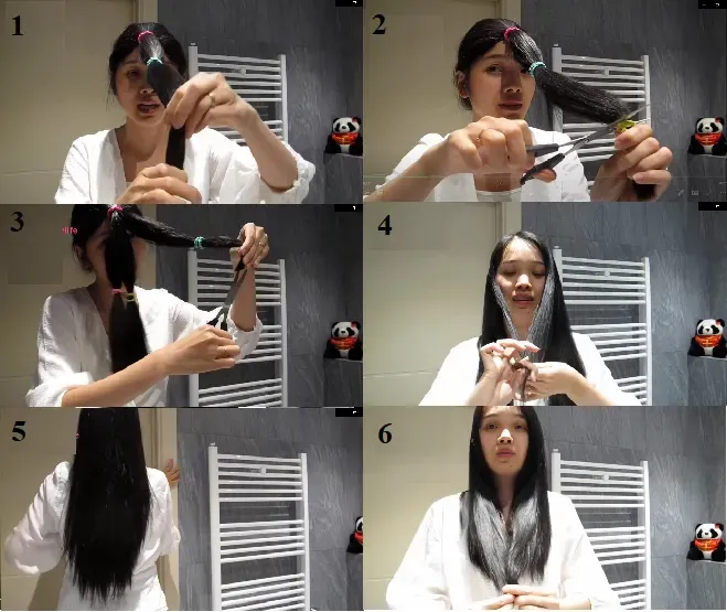 Kỹ thuật buộc tóc đỉnh đầu để tự cắt và tỉa tóc tỉa layer so le, tạo độ bồng bềnh cho mái tóc.