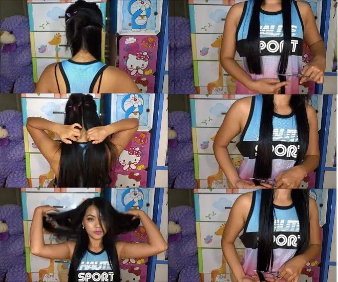 Chia tóc thành các lớp nhỏ (sectioning) là một bước quan trọng trong cách cắt tóc ngang lưng kiểu Blunt Cut tại nhà.