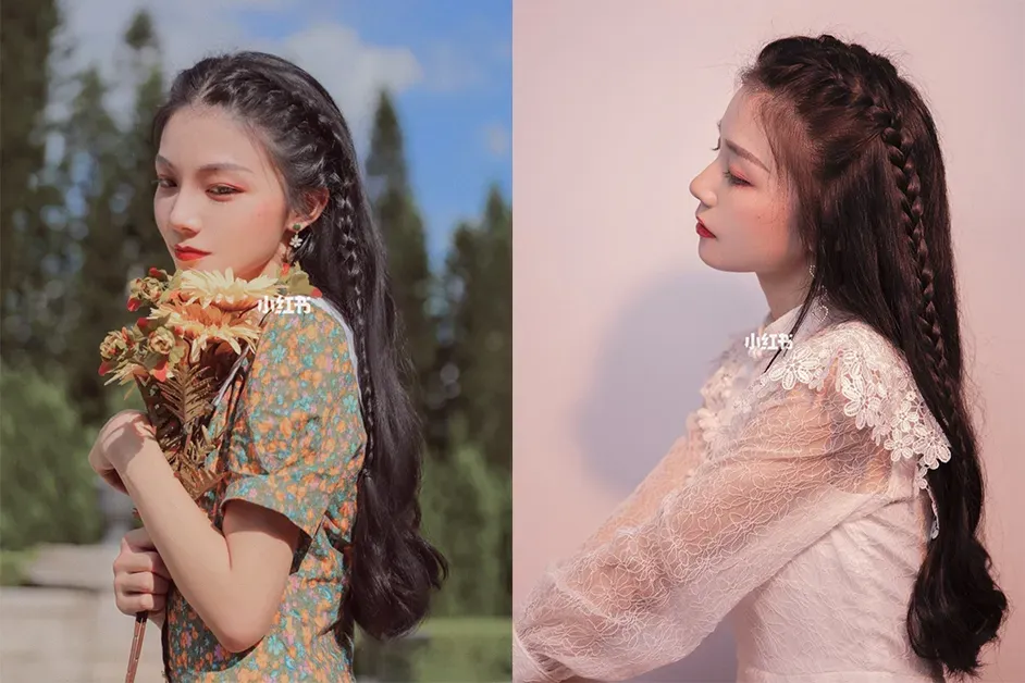 Góc chụp nghiêng của một cô gái với kiểu tết tóc mái hai bên cổ điển, làm lộ rõ đường nét khuôn mặt