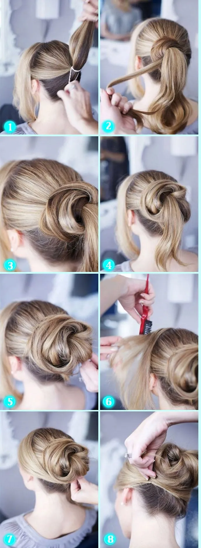 Kỹ thuật cuộn lọn tóc còn lại quanh dây thun để hoàn thành búi tóc, sau đó cố định bằng kẹp tăm