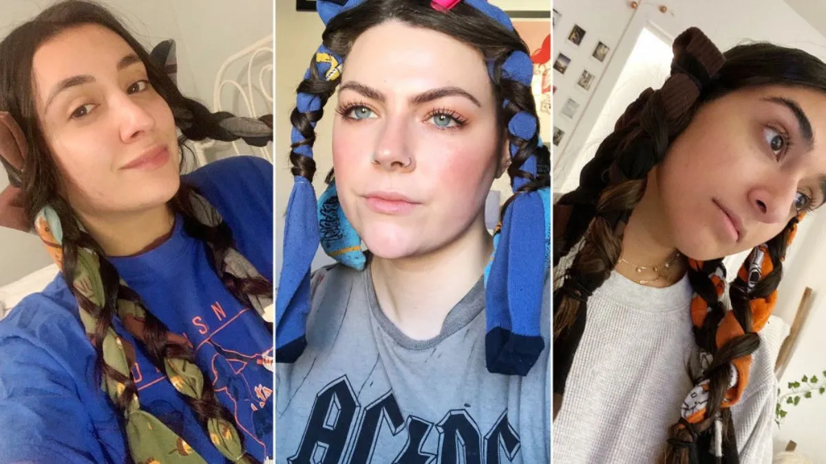 Mô tả hình ảnh: Một người phụ nữ đang thao tác tết tóc với một chiếc khăn turban hoặc áo phông, tạo kiểu xoăn sóng lãng mạn mà không cần nhiệt.