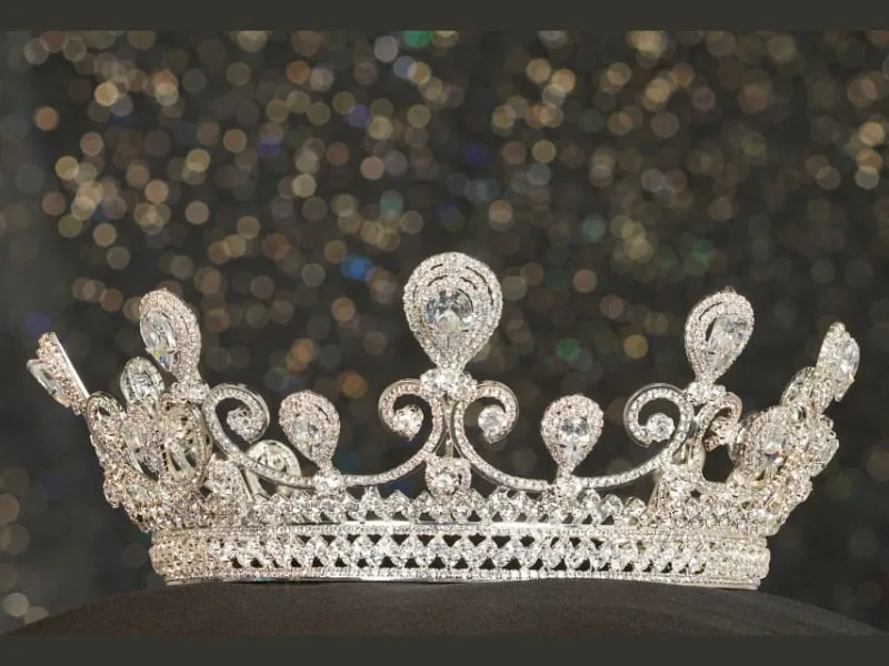 Phụ kiện tóc đính đá lấp lánh kết hợp với kiểu búi cao, tạo điểm nhấn nổi bật và quý phái khi dự tiệc