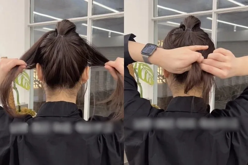 Các bước buộc riêng biệt hai khối tóc để tạo kiểu đuôi ngựa bồng bềnh Hàn Quốc