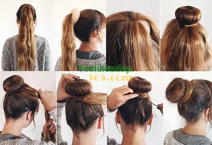 Người phụ nữ có mái tóc búi củ tỏi cao gọn gàng, thể hiện sự năng động và thanh lịch