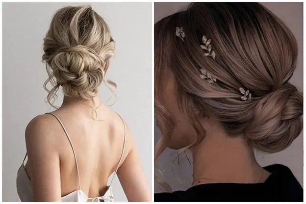 Kiểu búi tóc thấp lãng mạn kết hợp cùng phụ kiện cài tóc giúp cô nàng nổi bật và sang trọng khi đi tiệc