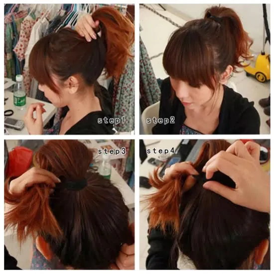 Buộc chặt tóc và lận đuôi tóc vào trong dây thun để chuẩn bị tạo búi củ tỏi