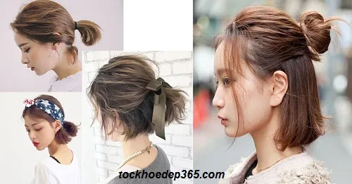 Cô gái tóc ngắn tết tóc hai bên với các múi tết lãng mạn buông lơi