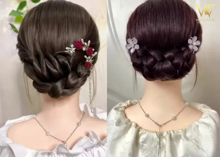 Hình ảnh kiểu tết tóc kết hợp búi, tạo sự tinh tế và gọn gàng, là lựa chọn tuyệt vời cho các nữ sinh