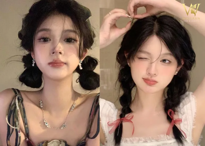 Hình ảnh kiểu búi tóc thấp hai bên, tạo vẻ ngoài dễ thương, phù hợp với nữ sinh cấp 2