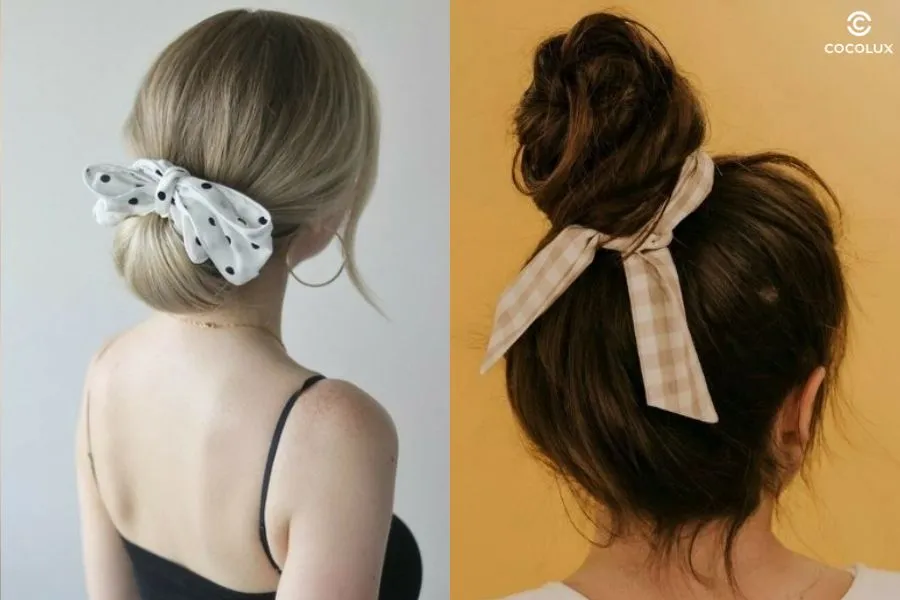 Búi tóc đính nơ đáng yêu, tạo điểm nhấn nhẹ nhàng, nổi bật