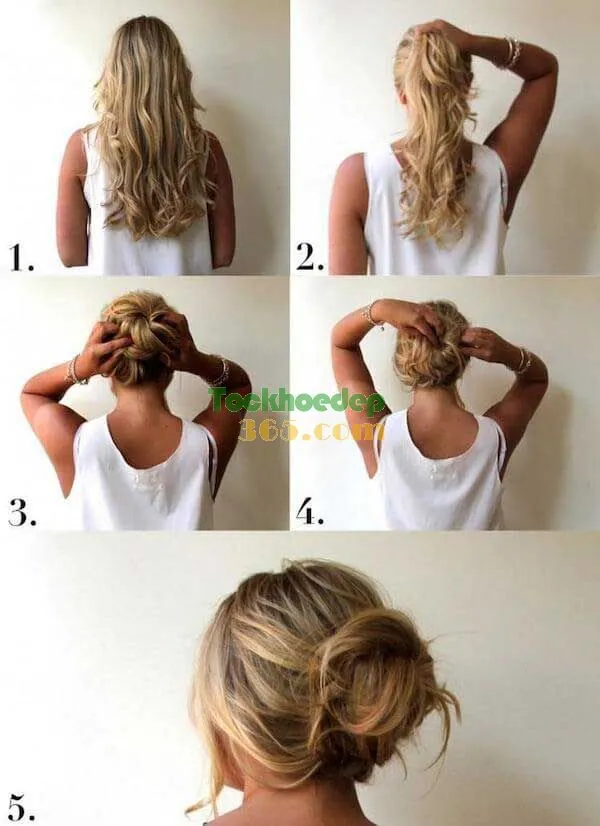 Hình ảnh búi tóc rối đơn giản cho tóc xoăn dài, thể hiện phong cách năng động