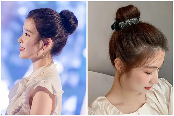 Một cô gái với mái tóc búi củ tỏi cao, lơi lỏng, có tóc mái bay buông lơi tự nhiên tạo vẻ ngoài trẻ trung