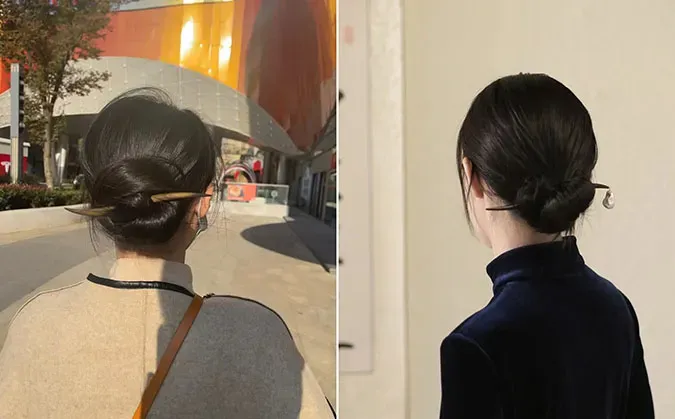 Cố định búi tóc tròn thấp bằng trâm cài hoặc vật dụng thay thế