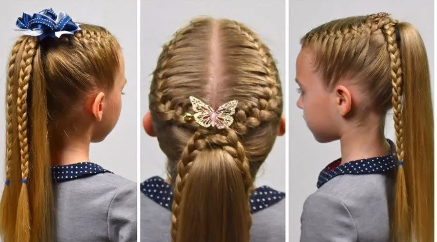 Bé gái với kiểu tóc tết hai bên cổ điển, kết hợp phụ kiện nổi bật