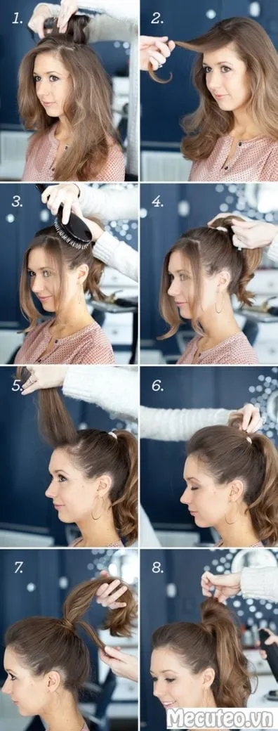 Kiểu tóc đuôi ngựa cao được tạo kiểu với phần mái phồng, mang lại vẻ ngoài xinh xắn và trẻ trung