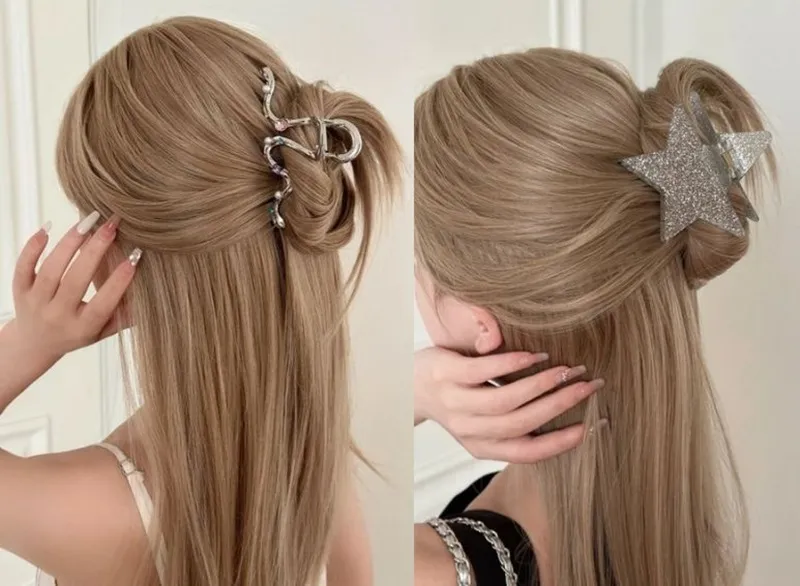 Buộc tóc nửa đầu đơn giản bằng kẹp càng cua
