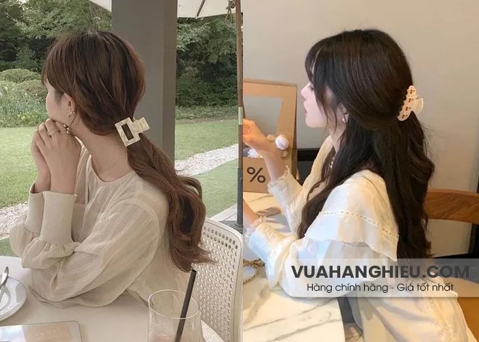 Tóc buộc thấp gọn gàng dùng kẹp càng cua thanh lịch
