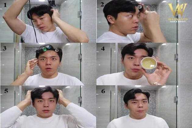 Hướng dẫn tạo kiểu tóc 5/5 hai mái bằng lô cuốn tóc, cho thấy các lô được cuộn ở phần mái