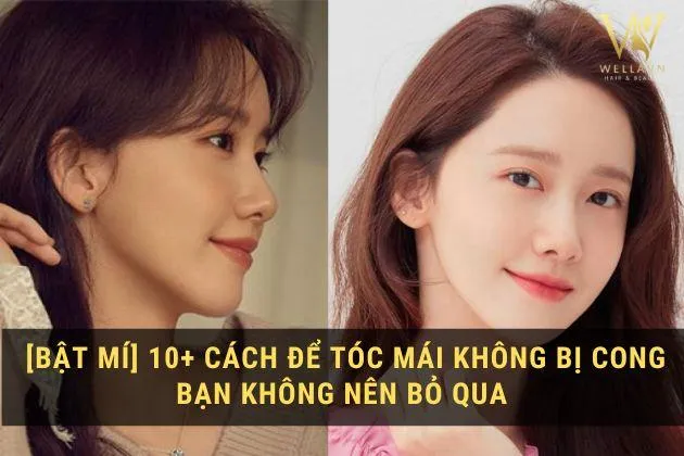 Người phụ nữ đang dùng kẹp và sấy nhẹ để cố định tóc mái, giúp tóc thẳng mượt và không bị cong