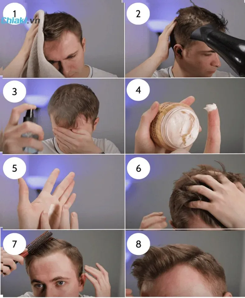 Hướng dẫn chi tiết các bước sử dụng sáp vuốt tóc nam để tạo ra các kiểu tóc khác nhau như tóc xoăn, tóc ngắn và tóc phồng