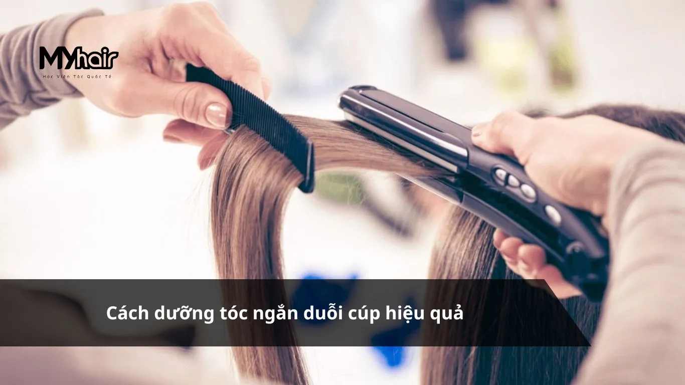 Quy trình chăm sóc tóc ngắn duỗi cúp tại nhà, tập trung vào kỹ thuật sấy tóc và tạo kiểu để duy trì độ cúp