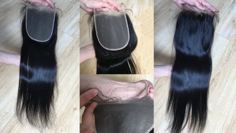 Một cô gái đang thực hiện các bước chuẩn bị tóc nền bằng cách tết tóc sát da đầu để gắn tóc closure