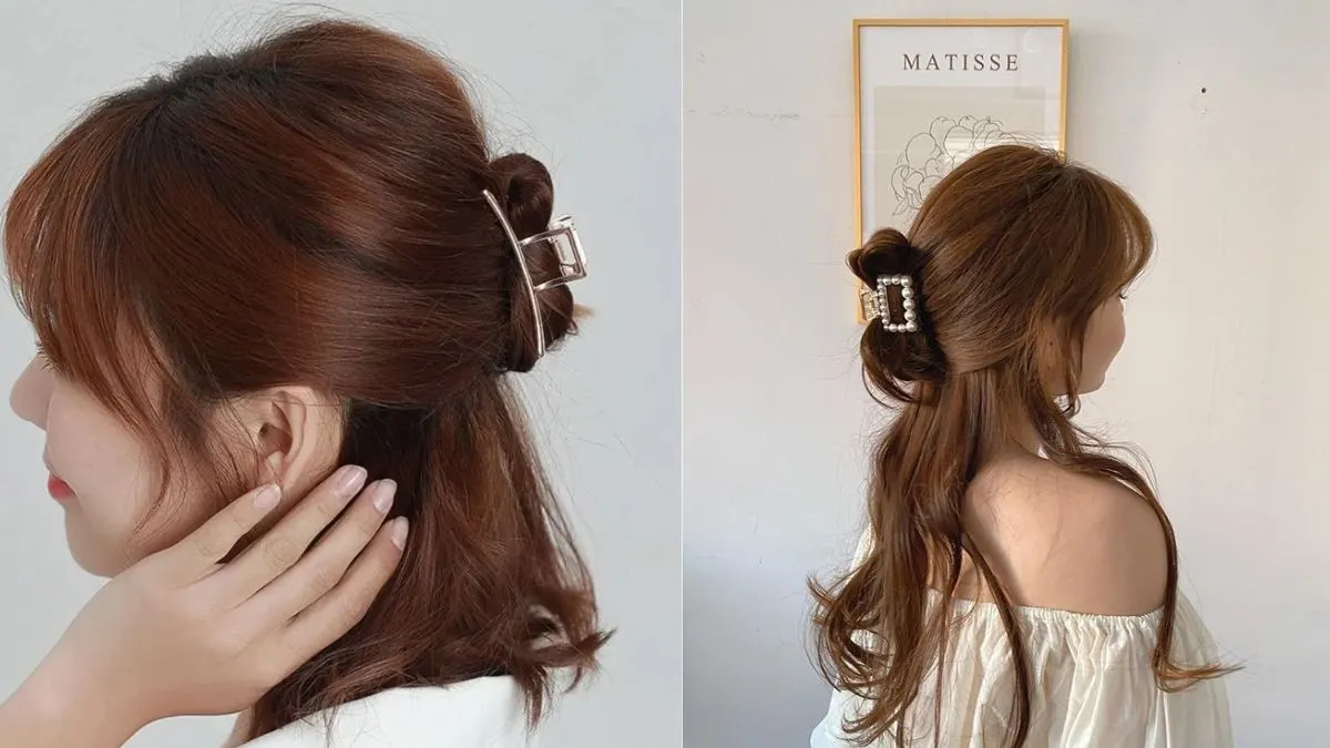 Kỹ thuật kẹp tóc càng cua kiểu buộc nửa cài gòn, tạo độ phồng tự nhiên.