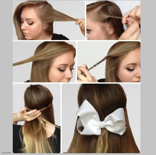 Cô gái có mái tóc thẳng đang cố định hai lọn tóc tết nhỏ phía sau đầu bằng một chiếc kẹp nơ xinh xắn