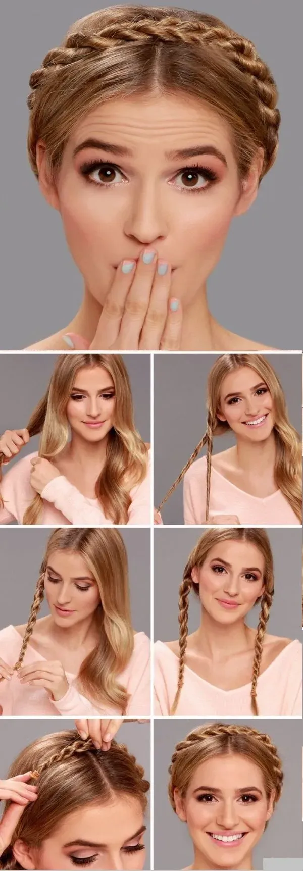 Một cô gái với mái tóc dài gọn gàng trong kiểu tóc đan vương miện tinh tế, tôn lên vẻ rạng rỡ